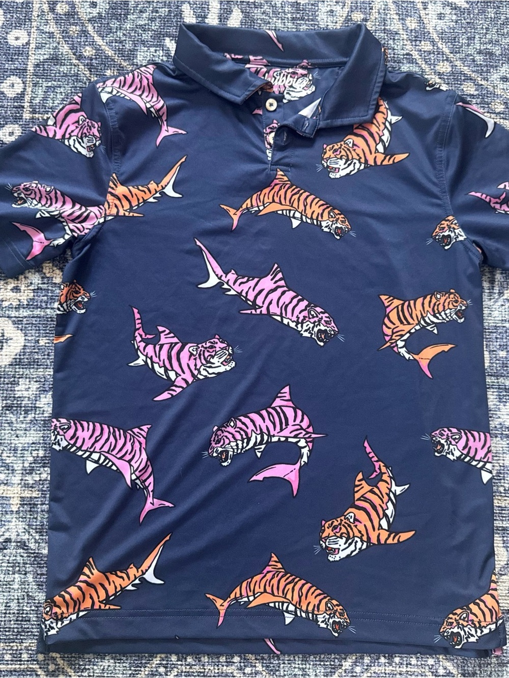 Navy Short-Sleeve Polo with Pink & Orange Tiger Sharks